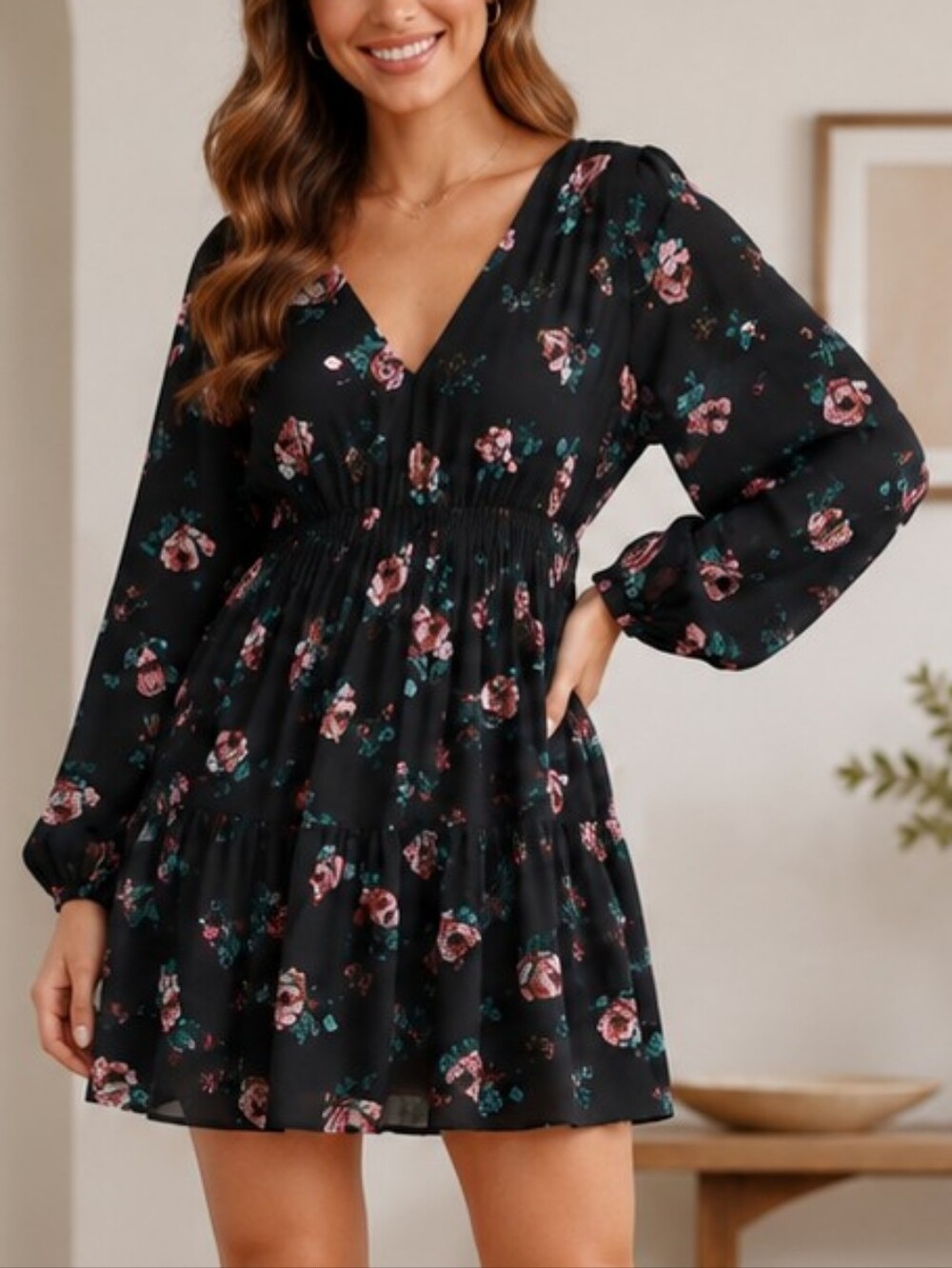 a new day Black Floral V-Neck Tiered Long Sleeve Dress with Pink Flowers